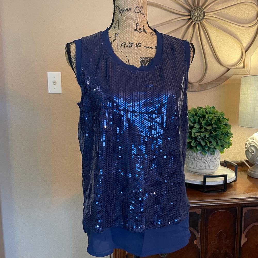 Ro & De Sequin Sleeveless Top with Raw Hemline in Vibrant Blue